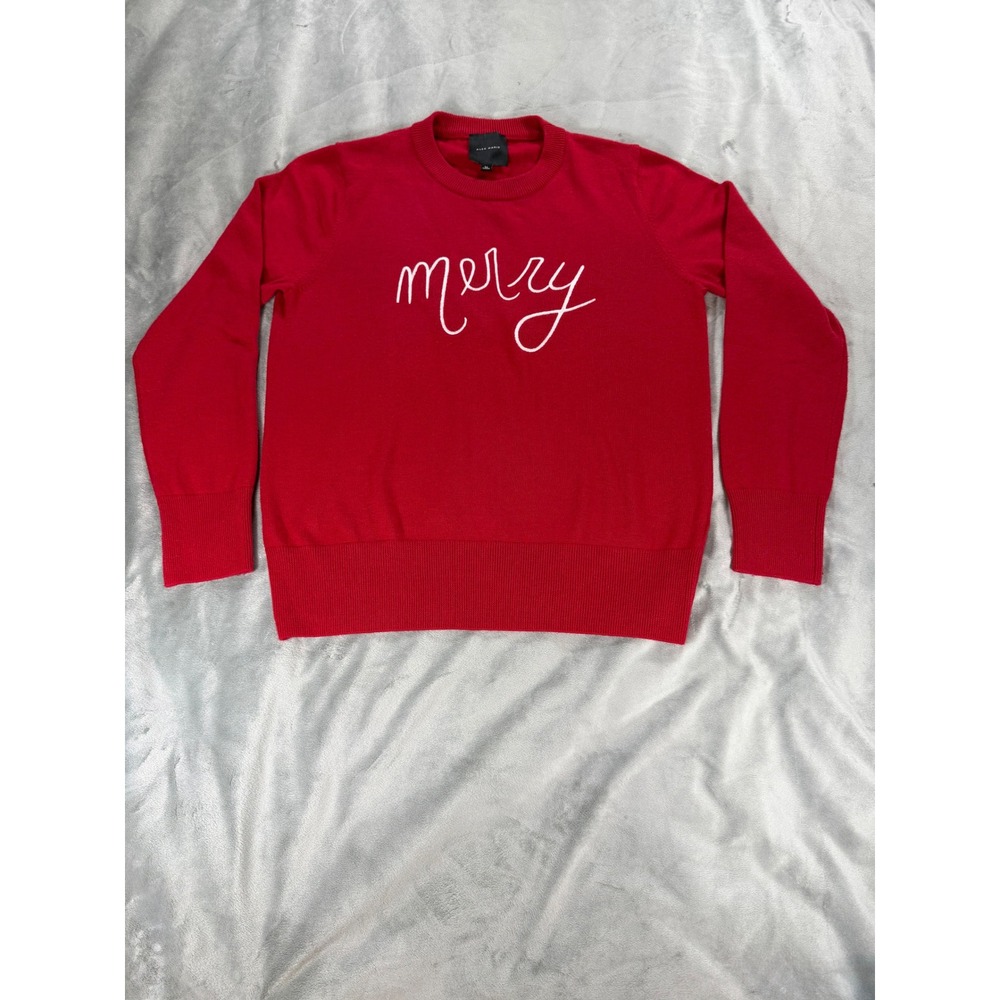 Alex Marie MERRY Wool Blend Preppy Long Sleeve Holiday Christmas Sweater Red MD